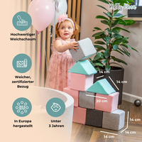 KiddyMoon Soft Foam Building Blocks for Babies & Toddlers, Washable Velvet Zip Cover, 14cm Cubes, Sensory Toy, cubes:lagoon turquoise-forest green-desert pink-ice blue-grey mountains, 24 Pieces