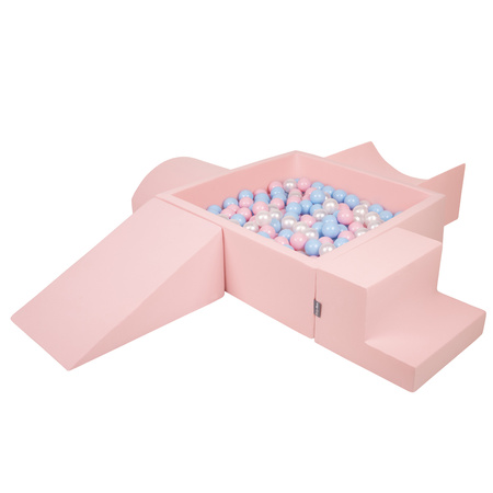 KiddyMoon Foam Playground for Kids with Square Ballpit ( ∅ 7cm/2.75In) Soft Obstacles Course and Ball Pool, Certified Made In The EU, pink:babyblue/powder pink/pearl, Ballpit (200 Balls) + Version 5