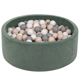 KiddyMoon Soft Ball Pit Round ∅ 7cm / 2.75In for Kids, Foam Velvet Ball Pool Baby Playballs, Made In The EU, forest green:pastel beige/grey/white, 90x30cm/300 balls