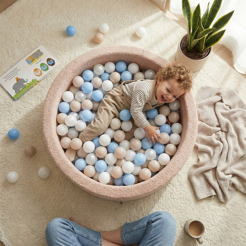 KiddyMoon Ball Pit for Baby with Teddy Plush, Large 7 cm Balls for a Fuller Ball Pit, From 8 Months, Removable Cover, Beige: Pastel Beige/Copper/Pearl, 90 x 30 cm / 200 Balls