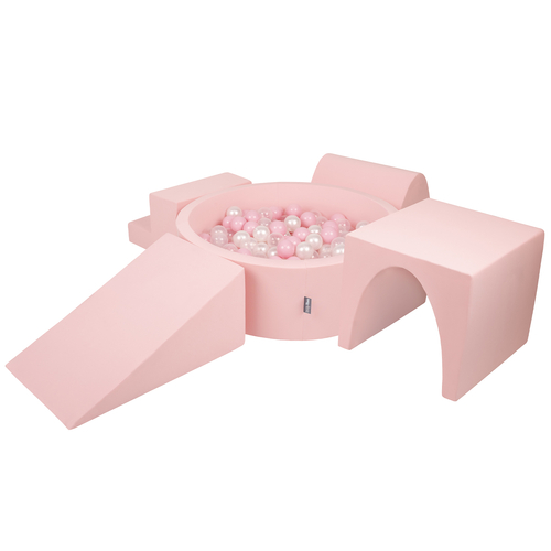KiddyMoon Foam Playground for Kids with Round Ballpit ( ∅ 7cm/2.75In) Soft Obstacles Course and Ball Pool, Certified Made In The EU, pink:powder pink/pearl/transparent, Ballpit (300 Balls) + Version 3