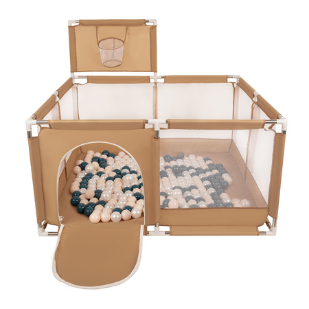 square play pen filled with plastic balls basketball, beige:dark turquoise/pastel beige/pearl, 100 balls