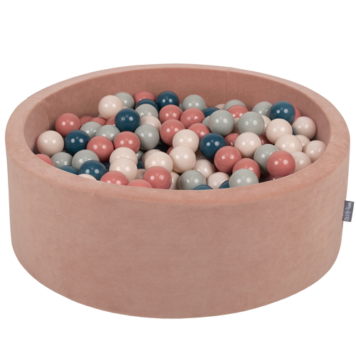 KiddyMoon Soft Ball Pit Round ∅ 7cm / 2.75In for Kids, Foam Velvet Ball Pool Baby Playballs, Made In The EU, desert pink:dark turquoise/pastel beige/greygreen/salmon pink, 90x30cm/300 balls