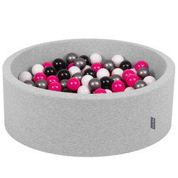 KiddyMoon Baby Foam Ball Pit with Balls ∅ 7cm / 2.75in Made in EU, light grey:white/black/silver/dark pink, 90 x 30 cm / 200 Balls