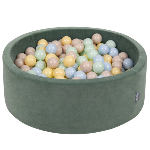 KiddyMoon Soft Ball Pit Round ∅ 7cm / 2.75In for Kids, Foam Velvet Ball Pool Baby Playballs, Made In The EU, forest green:pastel beige/pastel blue/pastel yellow/mint, 90x30cm/200 balls