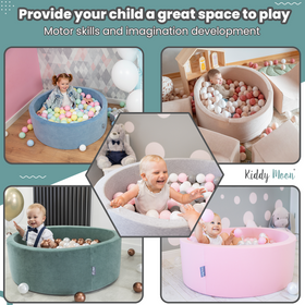 KiddyMoon Baby Foam Ball Pit with Balls ∅ 7cm / 2.75in Made in EU, dark grey:light turquoise/white/transparent, 90x30cm/200 balls