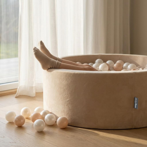 KiddyMoon Soft Ball Pit Round 7cm / 2.75In for Kids, Foam Velvet Ball Pool Baby Playballs, sand beige: pastel beige/white/pearl, 90 x 30 cm / 300 Balls