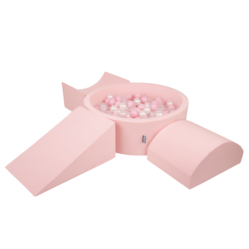 KiddyMoon Foam Playground for Kids with Round Ballpit ( ∅ 7cm/2.75In) Soft Obstacles Course and Ball Pool, Made In The EU, pink:powder pink/pearl/transparent, Ballpit (200 Balls) + Version 4