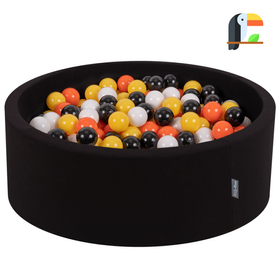 KiddyMoon Baby Foam Ball Pit with Balls ∅ 7cm / 2.75in Made in EU, Toucan: black/white/orange/yellow, 90x30cm/200 balls