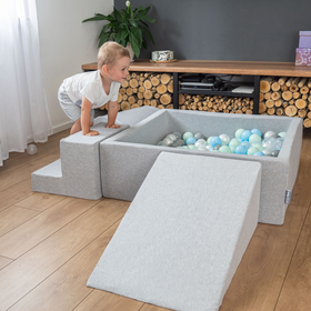 KiddyMoon Soft Ball Pit Round  ∅ 7Cm / 2.75In For Kids, Foam Ball Pool Baby Playballs Children, Made In The EU, light grey:pearl-grey-transparent-babyblue-mint, 120x30cm/1000 balls