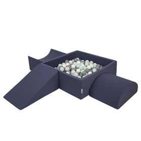 KiddyMoon Foam Playground for Kids with Square Ballpit ( ∅ 7cm/2.75In) Soft Obstacles Course and Ball Pool, Certified Made In The EU, darkblue:white/grey/mint, Ballpit (200 Balls) + Version 4