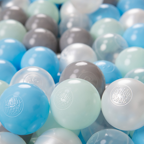 KiddyMoon Soft Plastic Play Balls ∅ 6cm / 2.36 Multi Colour Made in EU, pearl/grey/transparent/baby blue/mint, 1200 Balls/6cm-2.36in