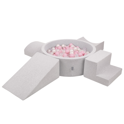 KiddyMoon Foam Playground for Kids with Round Ballpit ( ∅ 7cm/2.75In) Soft Obstacles Course and Ball Pool, Made In The EU, lightgrey:powderpink/pearl/transparent, Ballpit (300 Balls) + Version 5
