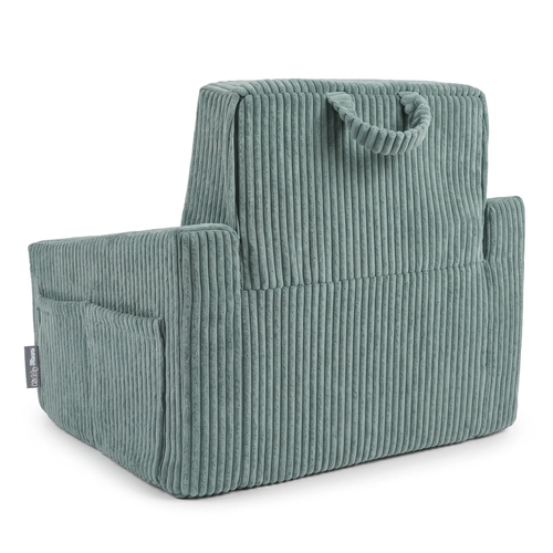 Foam armchair for kids convertible into bed, handle and side pockets, corduroy cover, green, UNI