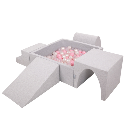 KiddyMoon Foam Playground for Kids with Square Ball pit ( ∅ 7cm/2.75In) Soft Obstacles Course and Ball Pool, Certified Made In The EU, lightgrey:powderpink/pearl/transparent, Ballpit (200 Balls) + Version 3