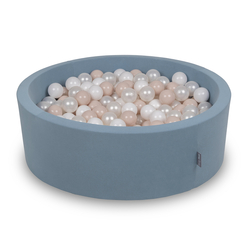 KiddyMoon Foam Ball Pit with Balls for Babies and Toddlers, Soft Sensory Play, Durable Removable Cover, Safe, blue: pastel beige/white/pearl, 90 x 30 cm / 200 Balls