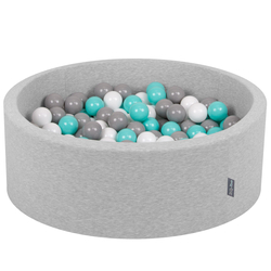 KiddyMoon Baby Foam Ball Pit with Balls ∅ 7cm / 2.75in Made in EU, light grey:white/grey/light turquoise, 90 x 30 cm / 200 Balls