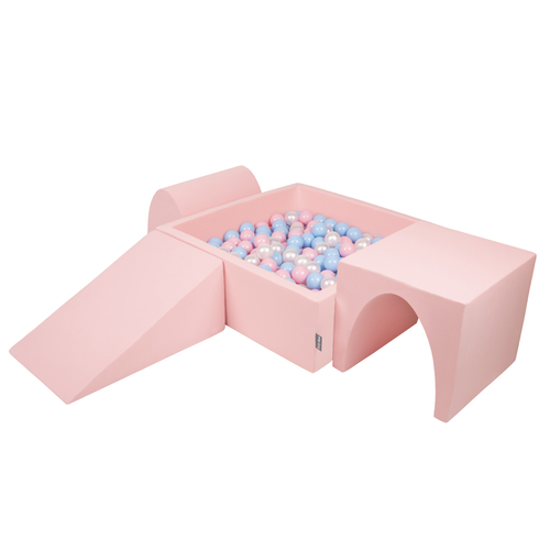 KiddyMoon Foam Playground for Kids with Square Ballpit ( ∅ 7cm/2.75In) Soft Obstacles Course and Ball Pool, Certified Made In The EU, pink:babyblue/powder pink/pearl, Ballpit (300 Balls) + Version 2
