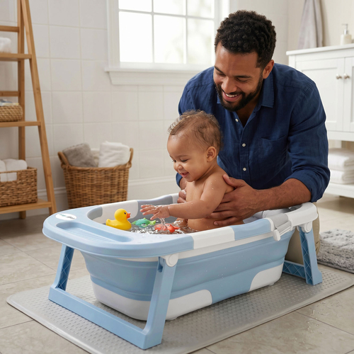 KiddyMoon Foldable Baby Bathtub Plastic Infant Bath Tub, Blue, M