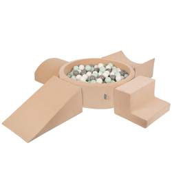KiddyMoon Foam Playground Velvet for Kids with Round Ballpit ( ∅ 7cm/2.75In) Soft Obstacles Course and Ball Pool, Certified Made In The EU, beż piasku: biały-szary-mięta