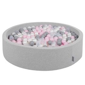 KiddyMoon Soft Ball Pit Round  ∅ 7Cm / 2.75In For Kids, Foam Ball Pool Baby Playballs Children, Made In The EU, light grey:pearl-grey-transparent-powder pink, 120x30cm/1000 balls