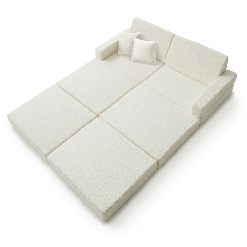 KiddyMoon Sofa for Kids in Foam with Soft Teddy Fabric, Modular and Foldable, with 2 Cushions, for Playing, Reading and Relaxing, creamy, Sofa with 2 Pillows