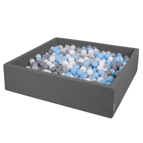 KiddyMoon Soft Ball Pit Square ∅ 7Cm / 2.75In For Kids, Foam Ball Pool Baby Playballs Children, Made In The EU, dark grey: grey/white/transparent/babyblue, 120x30cm/600 balls