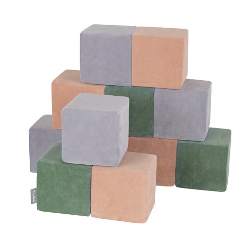 KiddyMoon velvet foam cubes for kids 14cm soft, cubes:forest green-desert pink- grey mountains, 6 Pieces