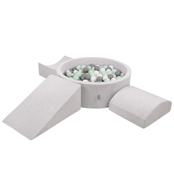 KiddyMoon Foam Playground for Kids with Round Ballpit ( ∅ 7cm/2.75In) Soft Obstacles Course and Ball Pool, Certified Made In The EU, lightgrey:white/grey/mint, Ballpit (200 Balls) + Version 4