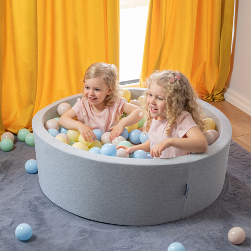 KiddyMoon Baby Foam Ball Pit with Balls ∅ 7cm / 2.75in Made in EU, light grey:pastel beige/pastel blue/pastel yellow/mint, 90 x 30 cm / 300 Balls