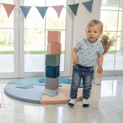 KiddyMoon velvet foam cubes for kids 14cm soft, cubes:lagoon turquoise-forest green-desert pink-ice blue-grey mountains, 48 Pieces