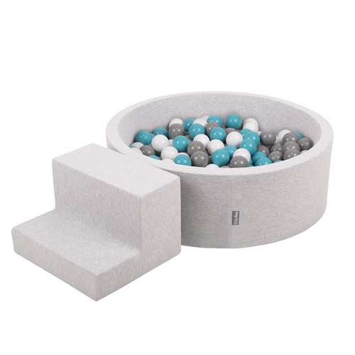 KiddyMoon Foam Playground for Kids with Round Ball pit (200 Balls ∅ 7cm/2.75In) Soft Obstacles Course and Ball Pool, Certified Made In The EU, lightgrey:grey/white/turquoise, Ballpit (100 Balls) + Steps