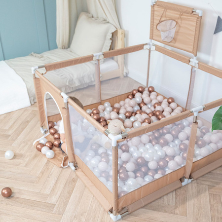 square play pen filled with plastic balls basketball, beige:dark turquoise/pastel beige/pearl, 100 balls