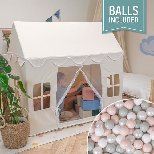 KiddyMoon Playhouse For Kids Foldable Tent Child's Play Cotton Fabric Easy To Assemble Indoor And Outdoor Use With Windows And Doors Encourages Creative Play Compact Storage, natural: white/pearl/pastel beige/green-gray, 200 Balls