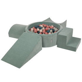 KiddyMoon Foam Playground For Kids Soft Textured Safe Blocks Baby, green: dark turquoise/pastel beige/greygreen/salmon pink, Ballpit (200 Balls) + Version 5