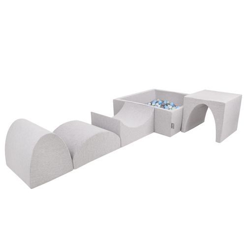 KiddyMoon Foam Playground for Kids with Square Ball pit ( ∅ 7cm/2.75In) Soft Obstacles Course and Ball Pool, Certified Made In The EU, lightgrey:pearl/grey/transparent/babyblue/mint, Ballpit (200 Balls) + Version 1