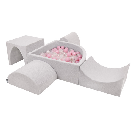 KiddyMoon Foam Playground for Kids with Quarter Angular Ballpit and Balls, lightgrey:powderpink/pearl/transparent, Ballpit (200 Balls) + Version 1