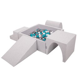 KiddyMoon Foam Playground for Kids with Square Ballpit ( ∅ 7cm/2.75In) Soft Obstacles Course and Ball Pool, Certified Made In The EU, lightgrey:grey/white/turquoise, Ballpit (300 Balls) + Version 3
