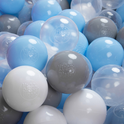 KiddyMoon Soft Plastic Play Balls ∅ 6cm / 2.36 Multi Colour Made in EU, grey/white/transparent/baby blue, 100 Balls/6cm-2.36in