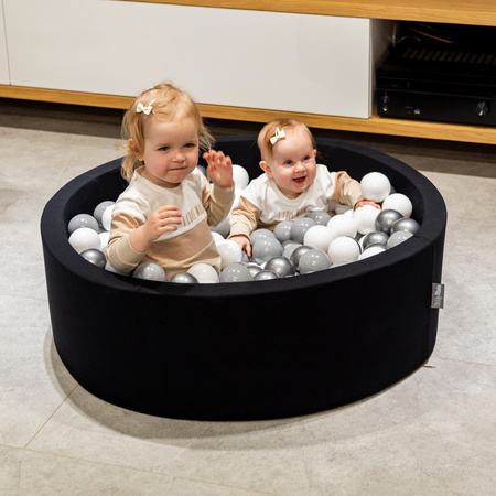 KiddyMoon Baby Foam Ball Pit with Balls ∅ 7cm / 2.75in Made in EU, black:white/grey/silver, 90x30cm/200 balls