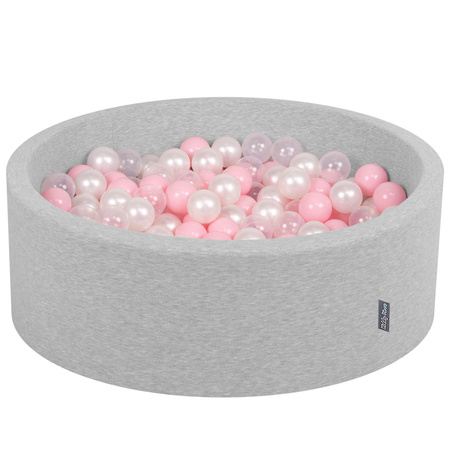 KiddyMoon Baby Foam Ball Pit with Balls ∅ 7cm / 2.75in Made in EU, light grey:light pink/pearl/transparent, 90x30cm/200 balls