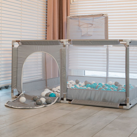 square play pen filled with plastic balls basketball, green:dark turquoise/grey/white/mint, 200 balls