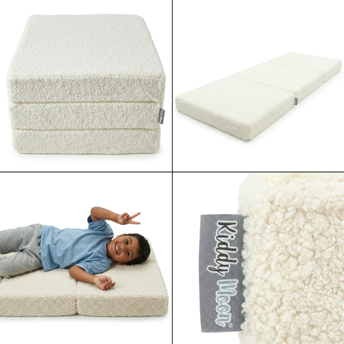 KiddyMoon Foam Mattress with Pillow for Children with Teddy Bear Fabric, Multifunctional and Foldable for Toddlers, creamy, Mattress with Pillow