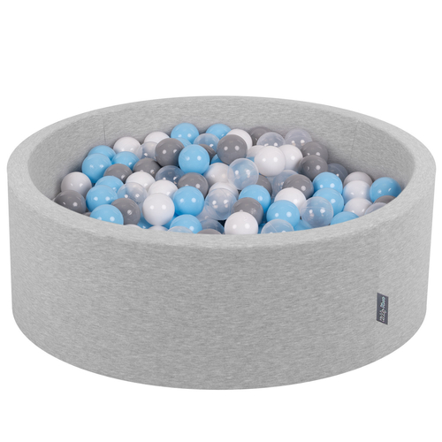 KiddyMoon Baby Foam Ball Pit with Balls ∅ 7cm / 2.75in Made in EU, light grey:grey/white/transparent/babyblue, 90x30cm/300 balls