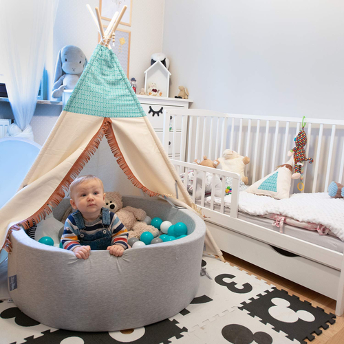 KiddyMoon Baby Foam Ball Pit with Balls ∅ 7cm / 2.75in Made in EU, Light Beige, 90 x 30 cm / 200 Balls