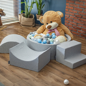 KiddyMoon Soft Ball Pit Quarter Angular ∅ 7cm / 2.75In for Kids, Foam Ball Pool Baby Playballs, Made In The EU, light grey:transparent/grey/white/pink/mint, 90x30cm/200 balls
