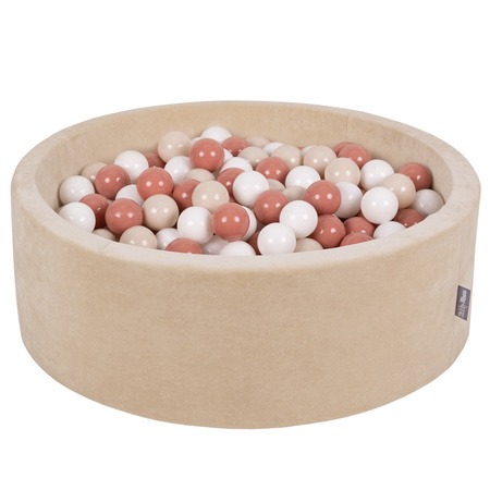 KiddyMoon Soft Ball Pit Round 7cm / 2.75In for Kids, Foam Velvet Ball Pool Baby Playballs, sand beige:pastel beige/salmon pink/white, 90x30cm/200 balls