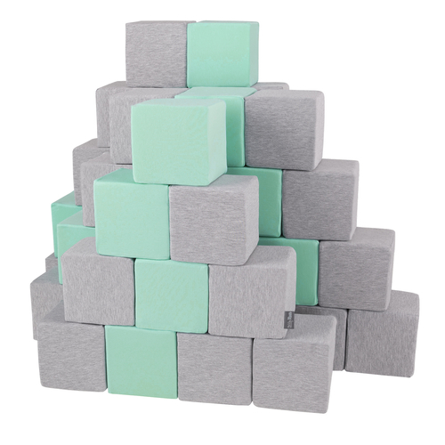 KiddyMoon Soft Foam Building Blocks for Babies & Toddlers, Washable Cotton Zip Cover, 14cm Cubes, Sensory Toy, cubes:light grey-mint, 48 Pieces