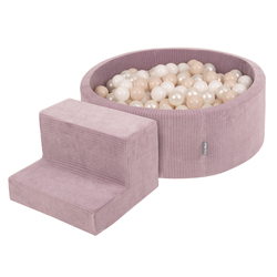 KiddyMoon Foam Playground For Kids Soft Textured Safe Blocks, purple: pastel beige/white/perle, Ballpit (100 Balls) + Steps