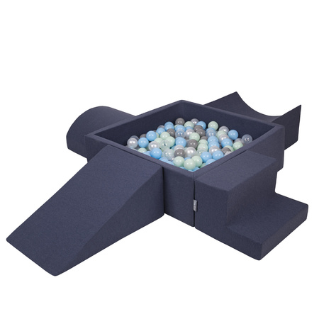 KiddyMoon Foam Playground for Kids with Square Ballpit ( ∅ 7cm/2.75In) Soft Obstacles Course and Ball Pool, Certified Made In The EU, darkblue:pearl/grey/transparent/babyblue/mint, Ballpit (300 Balls) + Version 5